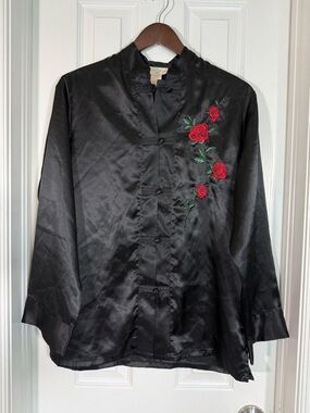 Vintage Sears Inner Most Black Satin Pajama Top Rose Embroidered Frog Closure